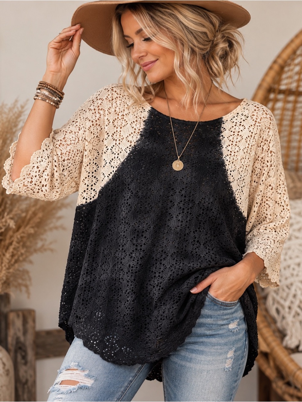We The Free Black Cream Crochet Lace 3/4 Sleeve Top Size L